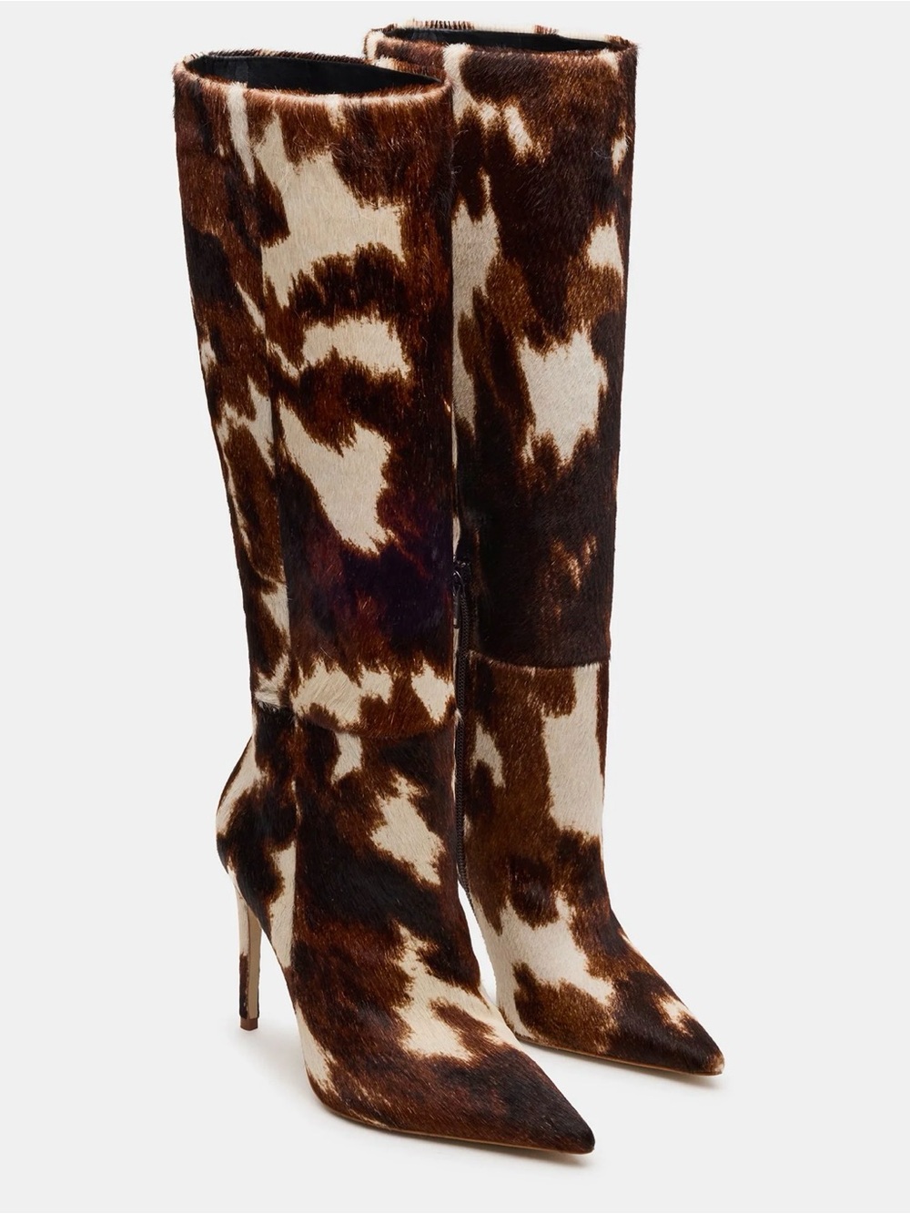 Steve Madden Cowhide-Print Knee-High Stiletto Boots in Brown and White